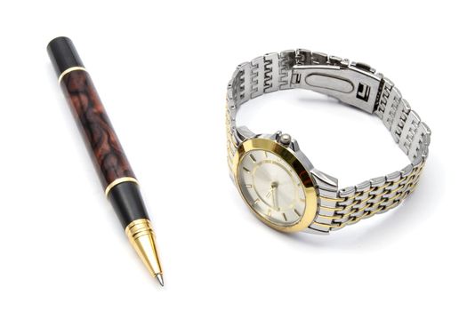 Watch and pen isolated on white background