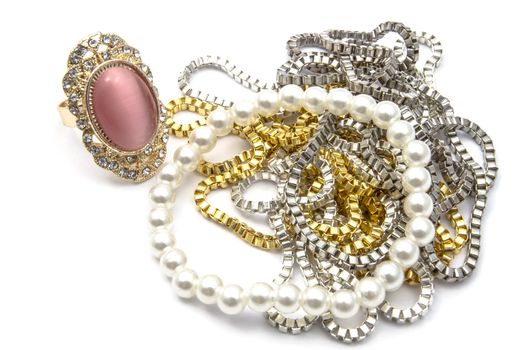 Beautiful diffiernet necklaces on white background