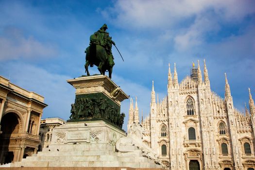Milan Cathedral, Duomo and Vittorio Emanuele II statue and Gallery. Lombardy, Italy.