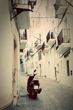Retro photo of old city architecture in Ibiza - Eivissa, Spain, Balearic islands