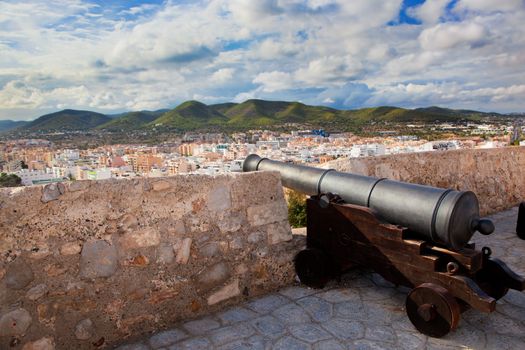 Cannon and panorama of Ibiza - Eivissa. Spain, Balearic islands