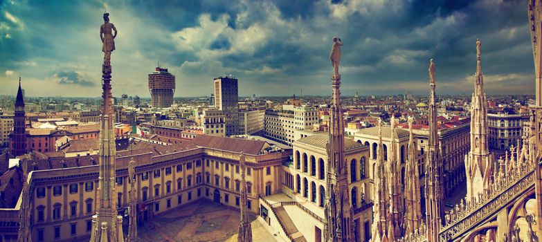 Milan, Italy panorama. View from Milan Cathedral. Royal Palace of Milan - Palazzo Realle and Velasca Tower in the background