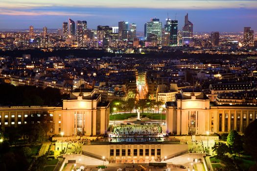 Paris panorama, France at night. View on La Defense from Eiffel Tower.