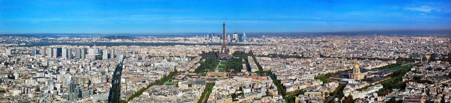 Paris panorama, France. View on Eiffel Tower, Les Invalides and La Defense from Montparnasse Tower.