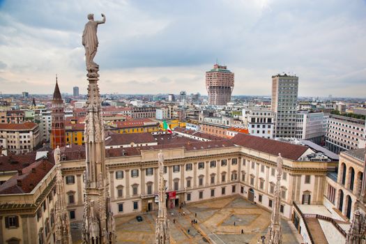 Milan, Italy panorama. View from Milan Cathedral. Royal Palace of Milan - Palazzo Realle and Velasca Tower in the background