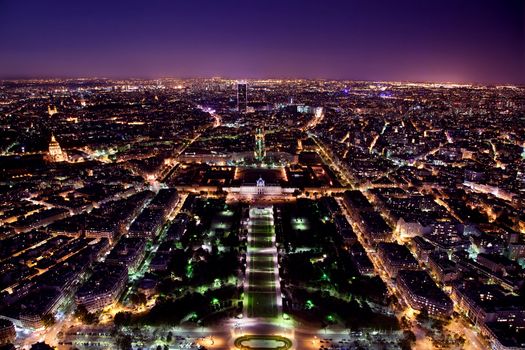 Paris panorama, France at night. View on Field of Mars and Montparnasse Tower from Eiffel Tower.