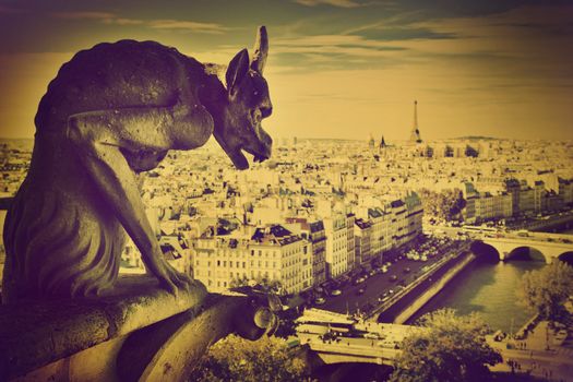 Paris panorama, France. View on Eiffel Tower and Seine river from Notre Dame Cathedral. Retro, vintage