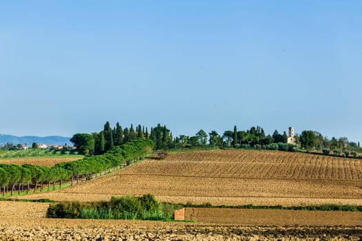 Typical beautiful Tuscan landscape-trees, grass, ski, villa. Italy