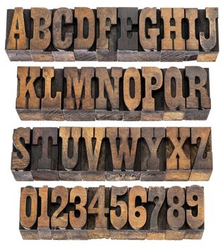 isolated rows of letters and numbers in vintage letterpress wood type blocks, French Clarendon font popular in western movies and memorabilia