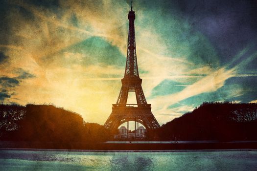 Eiffel Tower in Paris, Fance. Vintage, retro style. View from Champ de Mars