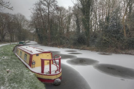 Traditional canal boat in Wales at Christmas  