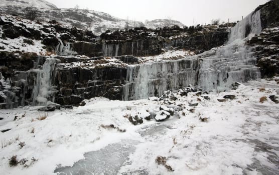 Snowey frozen waterfall in Wales at Christmas