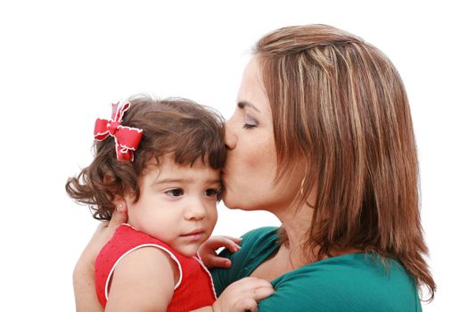 Happy mother kissing her daughter, isolated on white background