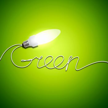 Illustration of an electric light bulb with a word Green. Conceptual illustration