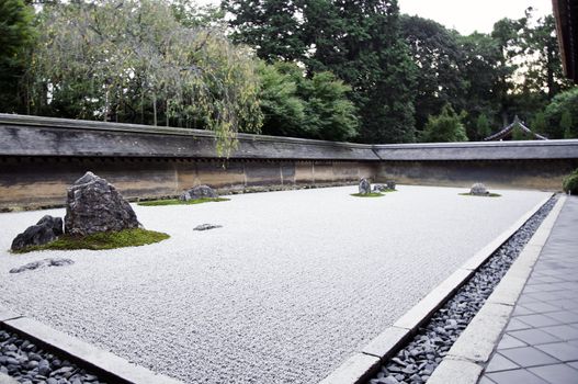 A Zen Rock Garden in Ryoanji Temple.In a garden fifteen stones on white gravel. Kyoto.Japan. 