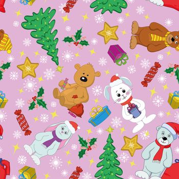 Christmas cartoon seamless background for holiday design with toys characters