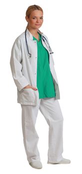 Image of a young blonde woman doctor isolated against a white background.