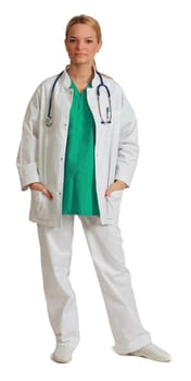 Image of a young blonde woman doctor isolated against a white background.