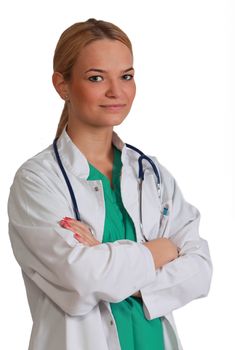 Portrait of a young female doctor isolated against a white background.