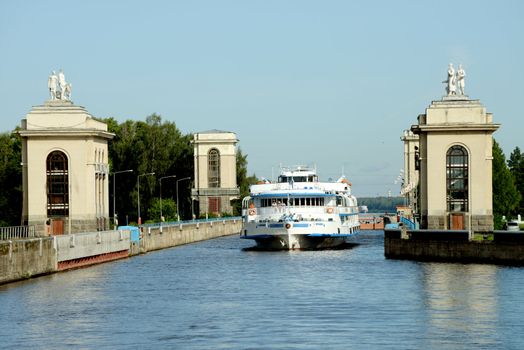 River cruise ship in the lock of Moscow canal, Russia. Taken on July 2012.