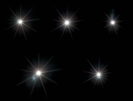 A Set of five real lens flares on black background. Round light source and small aperture.