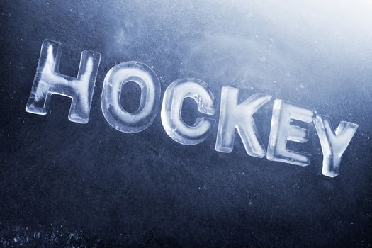 Word Hockey written with real ice letters.