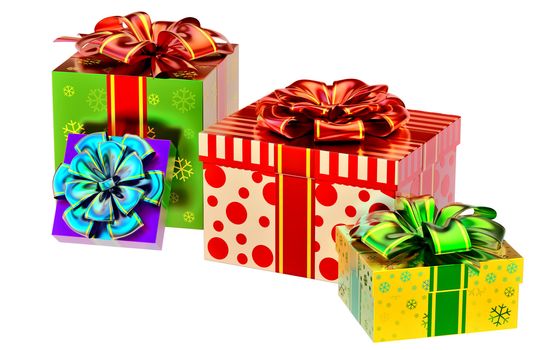 set of pink, yellow, green and white boxes ornamented with the snowflakes and decorated by bows as gifts