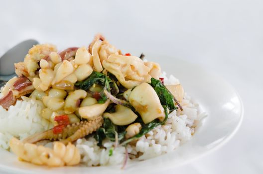 Rice and octopus  fried with chilli pepper and sweet basil
