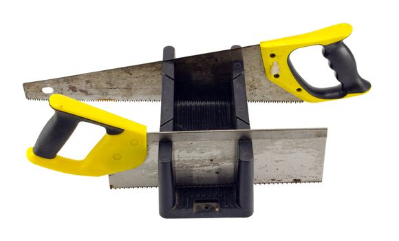 miter box angle cut tool and two hand saws isolated on white background.