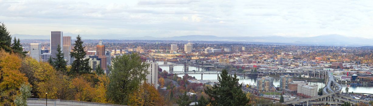 Portland Oregon Cityscape Along Willamette River with Marquam Freeway Panorama in the Fall Season