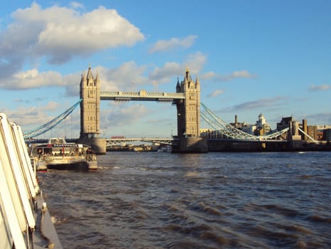 The Tower Bridge of London viewed from a cruise boat