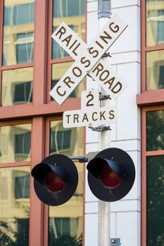 Railroad crossing sign by new offices for Department of Transportation in Washington DC