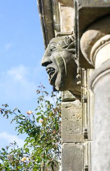 Gargoyle on old carved stone building in garden with rose bush