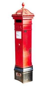 Traditional red pillar box style post box created for Queen Victoria