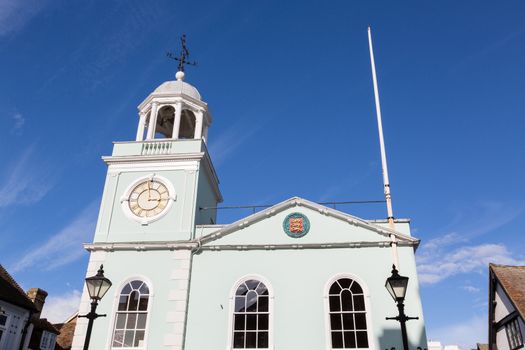 Old Market Hall and town clock in Faversham in Kent in England
