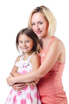 Happy mom and daughter on white