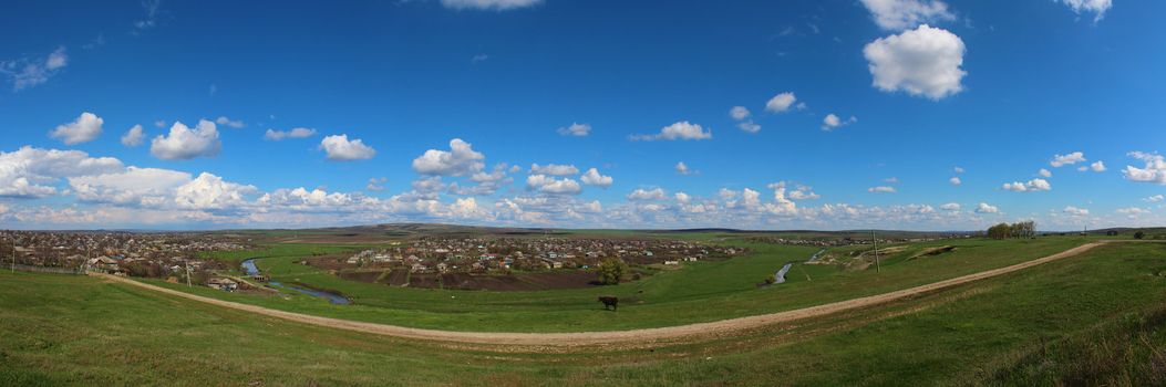 High angle panoramic view of a village 