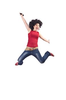 Woman with afro haircut on white