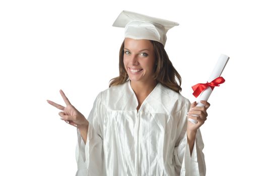 Young student with diploma on white