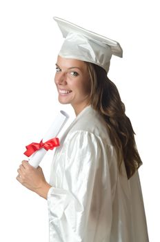 Young student with diploma on white