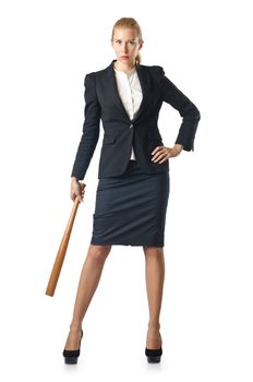 Businesswoman with baseball bat on white