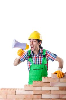 Builder with hard hat on white