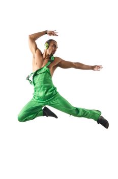 Construction worker jumping and dancing