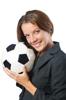 Businesswoman with football on white