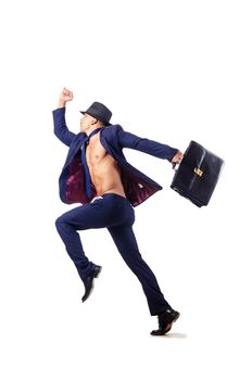 Naked businessman jumping on white