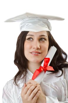 Happy student celebrating graduation on white