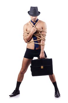 Businessman tied up with rope