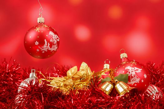 red christmas background with red ball and snowflakes
