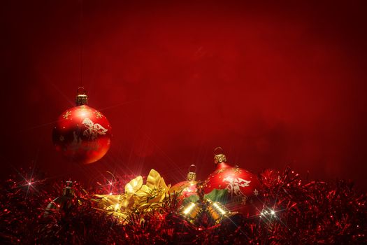 dark red christmas background with red ball and glow stars