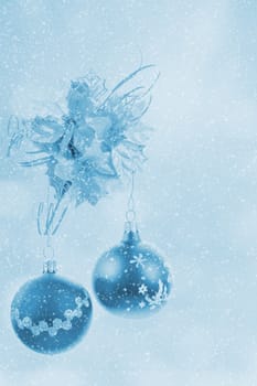 Blue christmas balls background with snowflakes